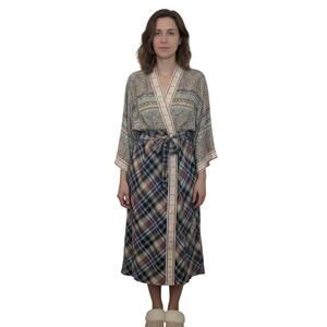 Sundance Boho Embroidered Plaid Bath Spa Robe Kimono Blue Ivory Womens Size XL